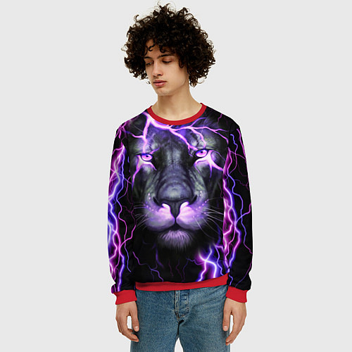 Мужской свитшот НЕОНОВЫЙ ЛЕВ NEON LION / 3D-Красный – фото 3