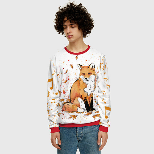 Мужской свитшот ЛИСА В ЛИСТЬЯХ ОСЕННЕЕ НАСТРОЕНИЕ FOX IN THE FORES / 3D-Красный – фото 3