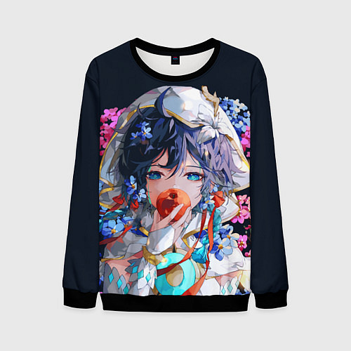 Мужской свитшот Venti gi ест яблоко Genshin impact Геншин Импакт / 3D-Черный – фото 1