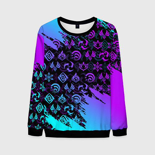 Мужской свитшот GENSHIN NEON PATTERN SYMBOL НЕОН ЭМБЛЕМЫ / 3D-Черный – фото 1
