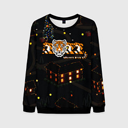 Свитшот мужской Ночной новогодний город 2022 год тигра, цвет: 3D-черный