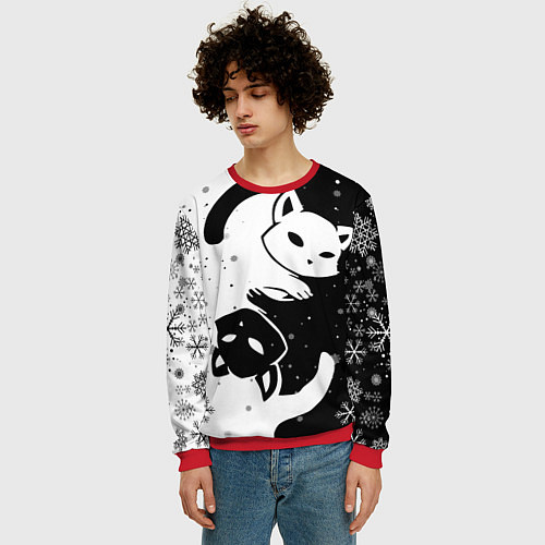 Мужской свитшот Новогодние два кота кувыркаются / 3D-Красный – фото 3