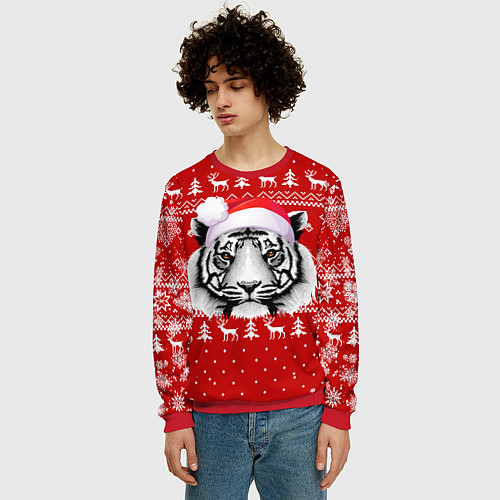 Мужской свитшот НОВОГОДНИЙ СВИТЕР С БЕЛЫМ ТИГРОМ 2022 / 3D-Красный – фото 3