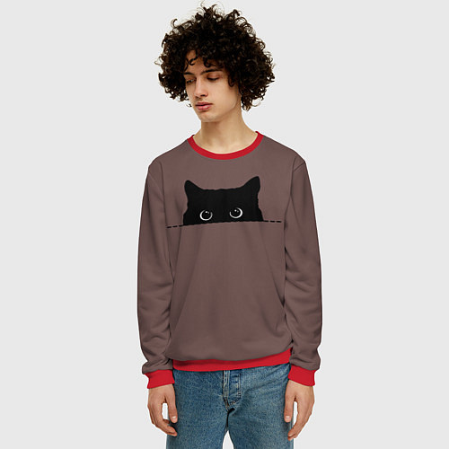 Мужской свитшот Черная кошка выглядывает из укрытия / 3D-Красный – фото 3