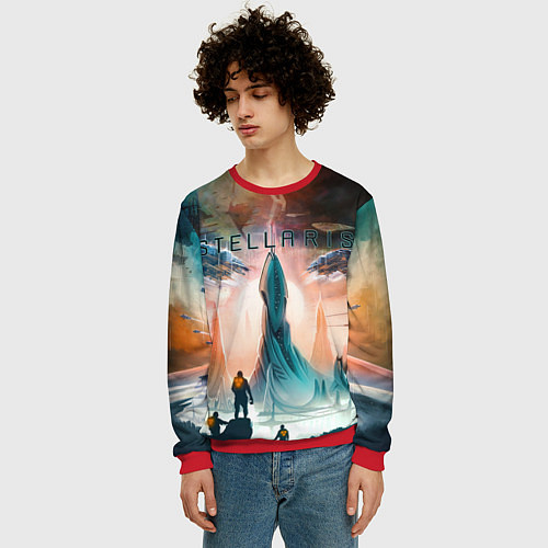 Мужской свитшот Stellaris космические корабли на фоне башни / 3D-Красный – фото 3
