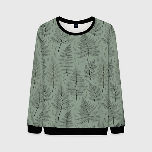 Мужской свитшот Листья папоротника на зеленом фоне Минимализм / 3D-Черный – фото 1