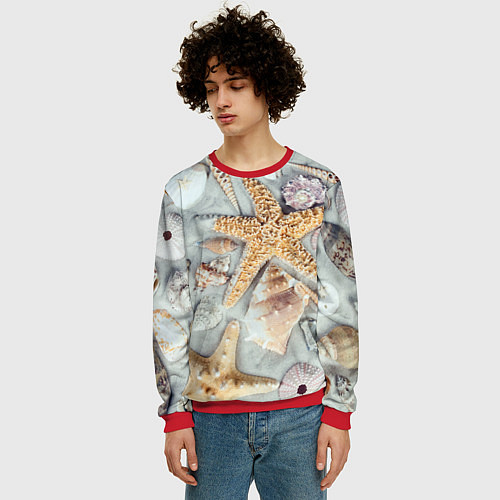 Мужской свитшот Морские звёзды и ракушки на океанском песке / 3D-Красный – фото 3