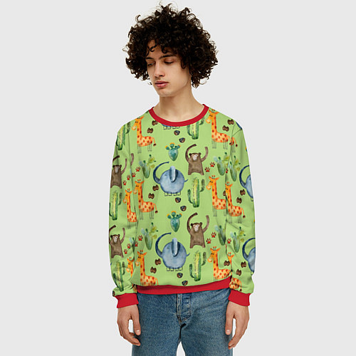Мужской свитшот Африканские животные - слон обезьянка жираф / 3D-Красный – фото 3