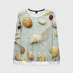 Свитшот мужской Океанские ракушки и морские звёзды на песке, цвет: 3D-белый