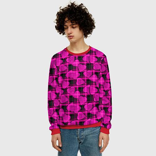 Мужской свитшот Black and pink hearts pattern on checkered / 3D-Красный – фото 3