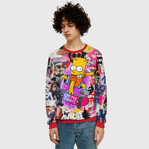 Мужской свитшот Скейтбордист Барт Симпсон на фоне стены с граффити / 3D-Красный – фото 3