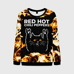 Свитшот мужской Red Hot Chili Peppers рок кот и огонь, цвет: 3D-черный