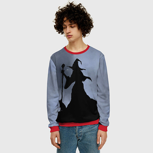Мужской свитшот Halloween - силуэт ведьмы с котом / 3D-Красный – фото 3