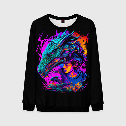 Мужской свитшот Дракон и девушка - поп арт / 3D-Черный – фото 1