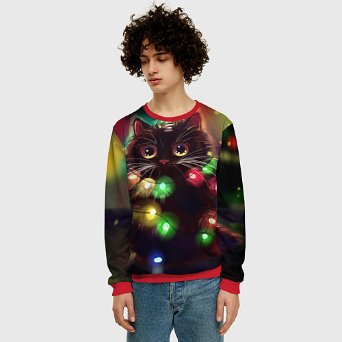 Мужской свитшот Новый Год Кот / 3D-Красный – фото 3