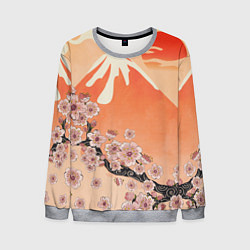 Свитшот мужской Ветка цветущей сакуры и вулкан, цвет: 3D-меланж