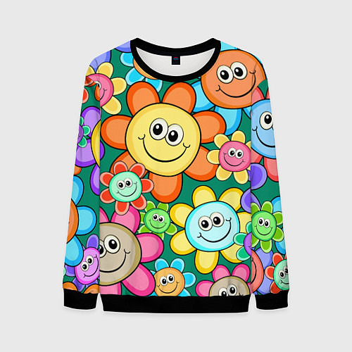 Мужской свитшот Ромашки - смайлы / 3D-Черный – фото 1