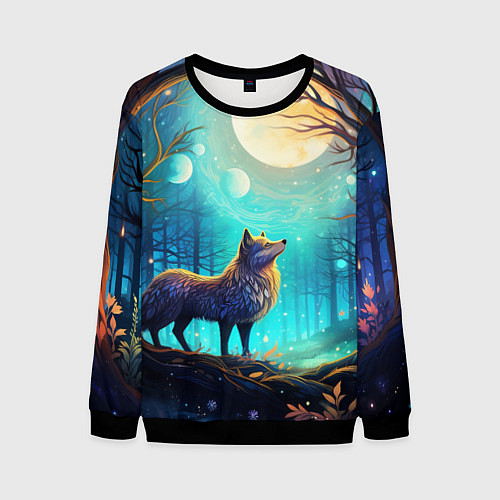 Мужской свитшот Волк в ночном лесу в folk art стиле / 3D-Черный – фото 1