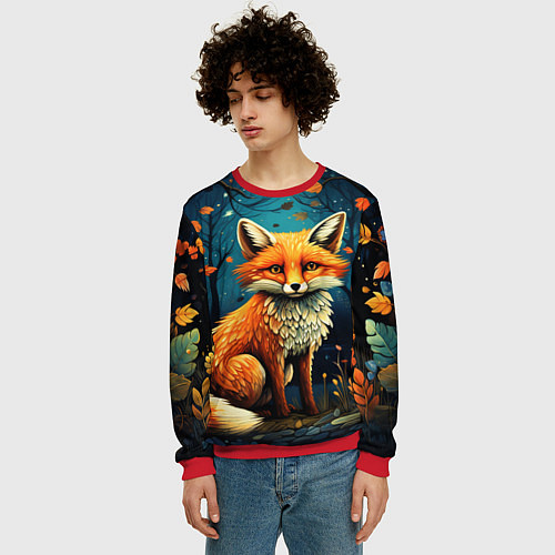 Мужской свитшот Лиса в Folk Art стиле / 3D-Красный – фото 3