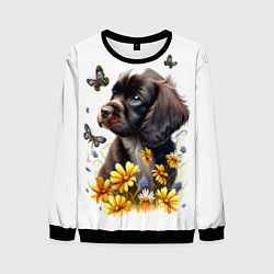 Свитшот мужской Черный щенок и жёлтые полевые цветы, цвет: 3D-черный