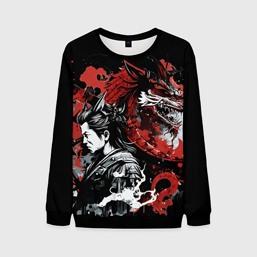 Мужской свитшот Японский самурай с драконом / 3D-Черный – фото 1