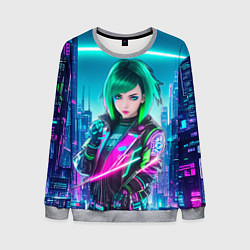 Свитшот мужской Девушка с зелеными волосами киберпанк, цвет: 3D-меланж