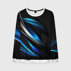 Свитшот мужской Абстрактные синие и белые линии на черном фоне, цвет: 3D-белый