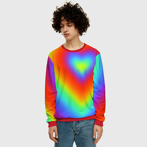Мужской свитшот Сердце - радужный градиент / 3D-Красный – фото 3