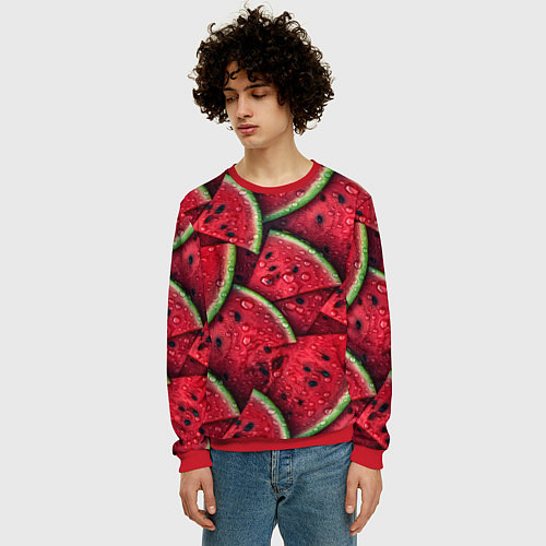 Мужской свитшот Сочная текстура из долек арбуза / 3D-Красный – фото 3
