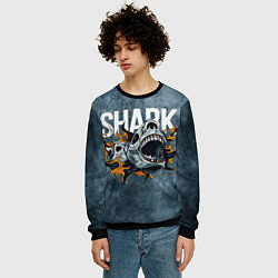 Свитшот мужской С акулой в стиле Арт на синем мраморе, цвет: 3D-черный — фото 2