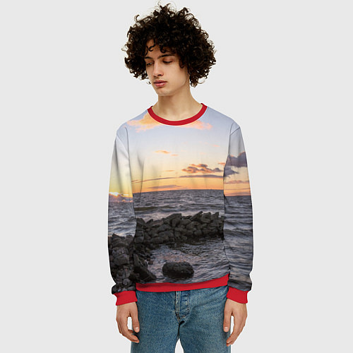 Мужской свитшот Закат солнца на Финском заливе / 3D-Красный – фото 3