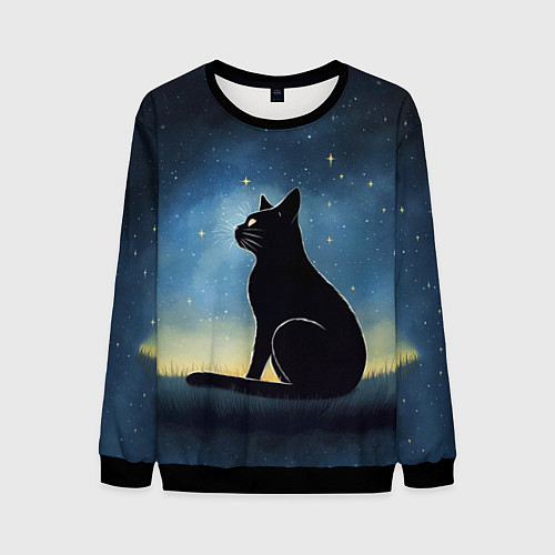 Мужской свитшот Черный кот и звезды - акварель / 3D-Черный – фото 1