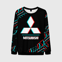 Свитшот мужской Значок Mitsubishi в стиле glitch на темном фоне, цвет: 3D-черный