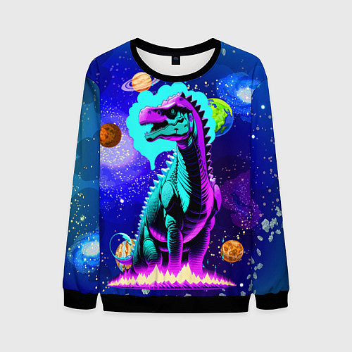 Мужской свитшот Динозавр в космосе - неоновое свечение / 3D-Черный – фото 1