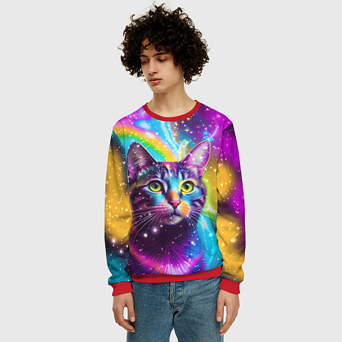 Мужской свитшот Полосатый кот с разноцветной звездной туманностью / 3D-Красный – фото 3
