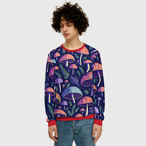Мужской свитшот Грибы паттерн / 3D-Красный – фото 3