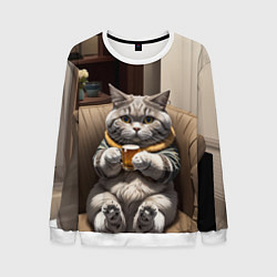 Мужской свитшот Кот сидит на диване с напитком