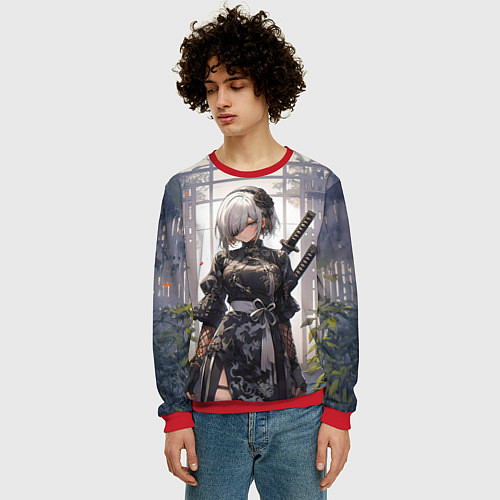 Мужской свитшот Nier automata девушка с мечами / 3D-Красный – фото 3