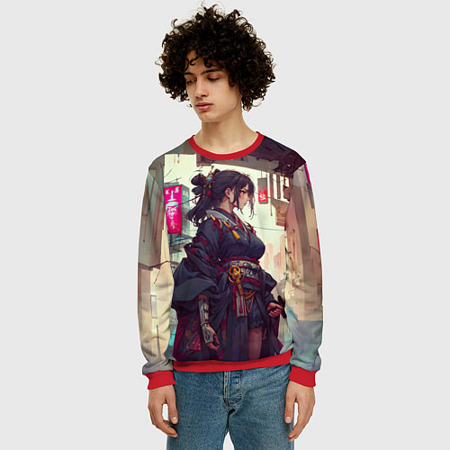 Мужской свитшот Кибер самурай девушка / 3D-Красный – фото 3