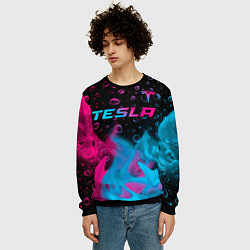 Свитшот мужской Tesla - neon gradient: символ сверху, цвет: 3D-черный — фото 2