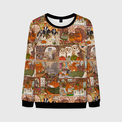 Мужской свитшот Коллаж из сказочных зверей - совы, белки, ёжики / 3D-Черный – фото 1