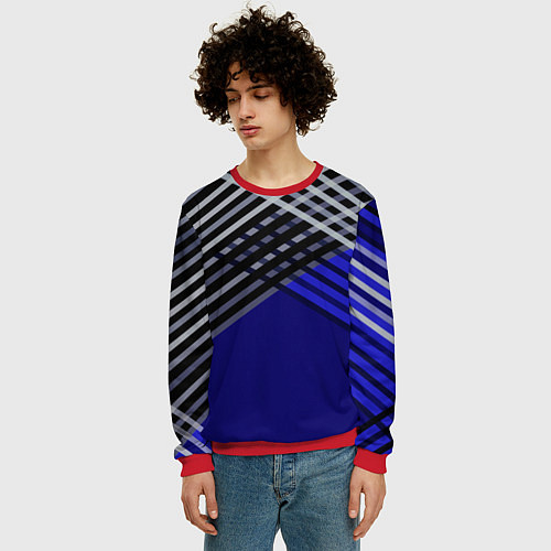 Мужской свитшот Белые и серые полосы на синем фоне / 3D-Красный – фото 3