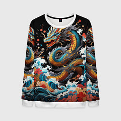 Свитшот мужской Дракон на волнах в японском стиле арт, цвет: 3D-белый
