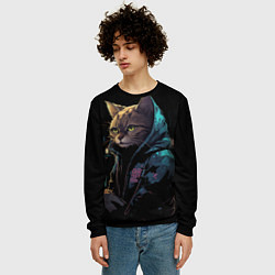 Свитшот мужской Кот в стиле киберпанк, цвет: 3D-черный — фото 2