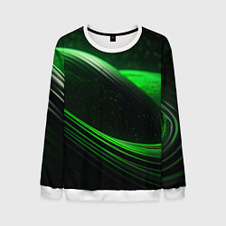 Свитшот мужской Зеленые абстрактные волны, цвет: 3D-белый
