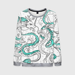 Свитшот мужской Дракон Хаку в стиле тату: белый и бирюзовый паттер, цвет: 3D-меланж