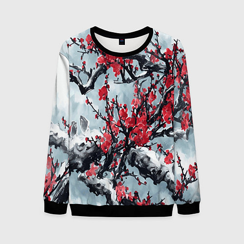 Мужской свитшот Лепестки цветущей вишни - сакура / 3D-Черный – фото 1