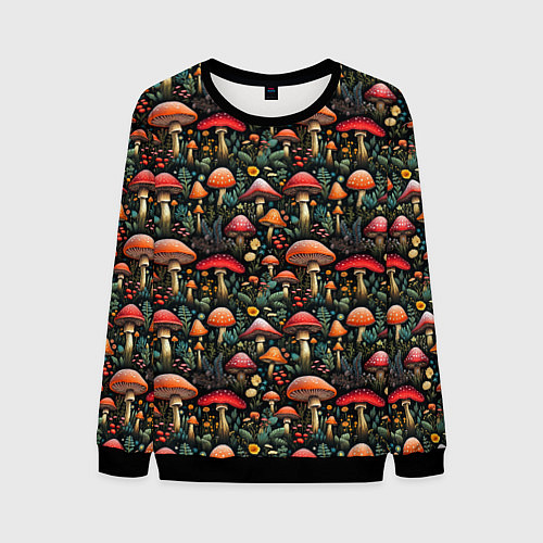 Мужской свитшот Сказочные грибы мухоморы паттерн / 3D-Черный – фото 1