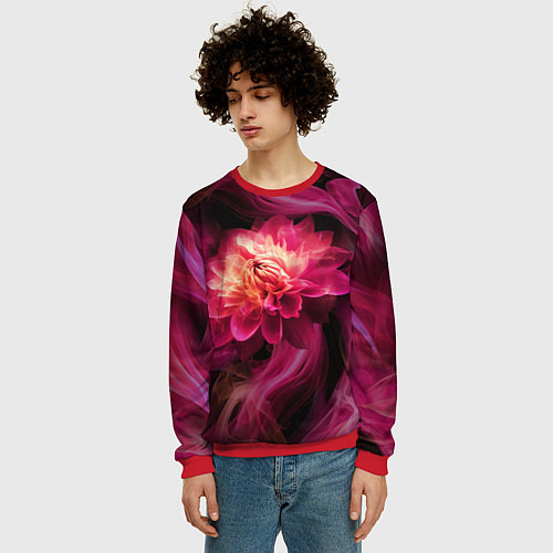 Мужской свитшот Розовый цветок в огне - нейросеть / 3D-Красный – фото 3