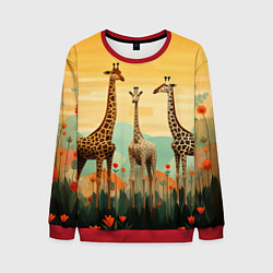Свитшот мужской Три жирафа в стиле фолк-арт, цвет: 3D-красный